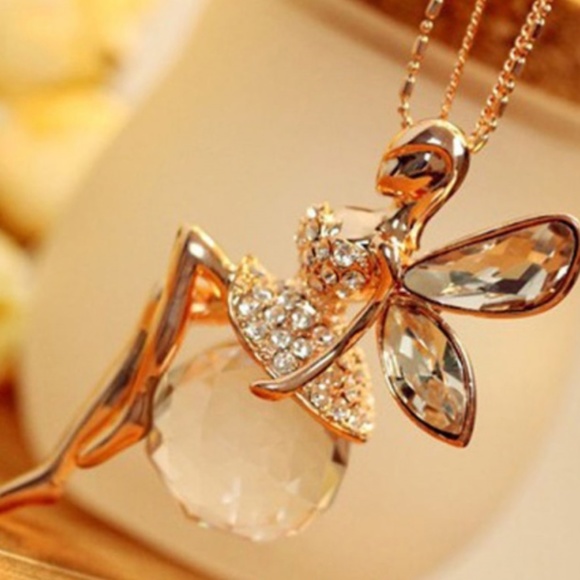 Gold Color Fairy Angel On Crystal Ball/Globe Wing Pendant Necklace - NWT - Picture 5 of 6